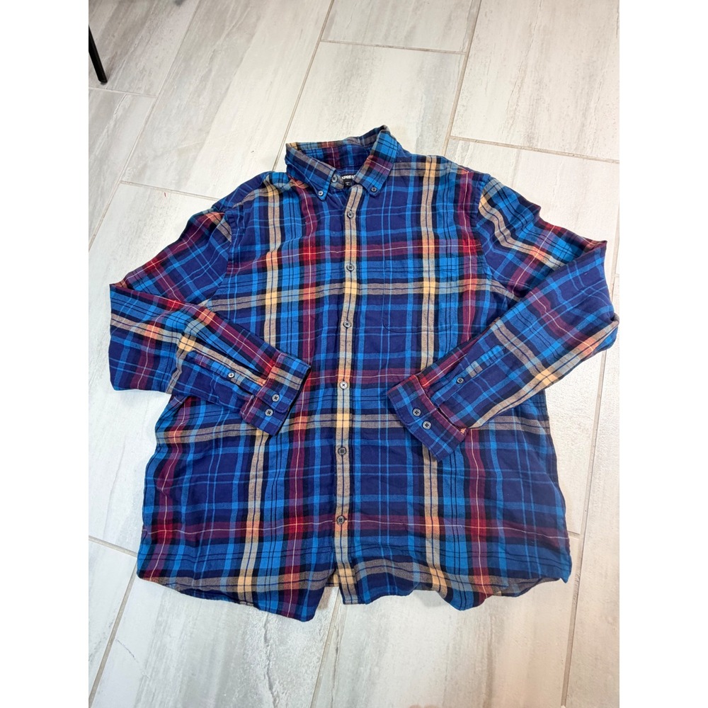Express Mens XL Plaid Button Down Shirt Blue Red Yellow Long Sleeve Cotton Blend